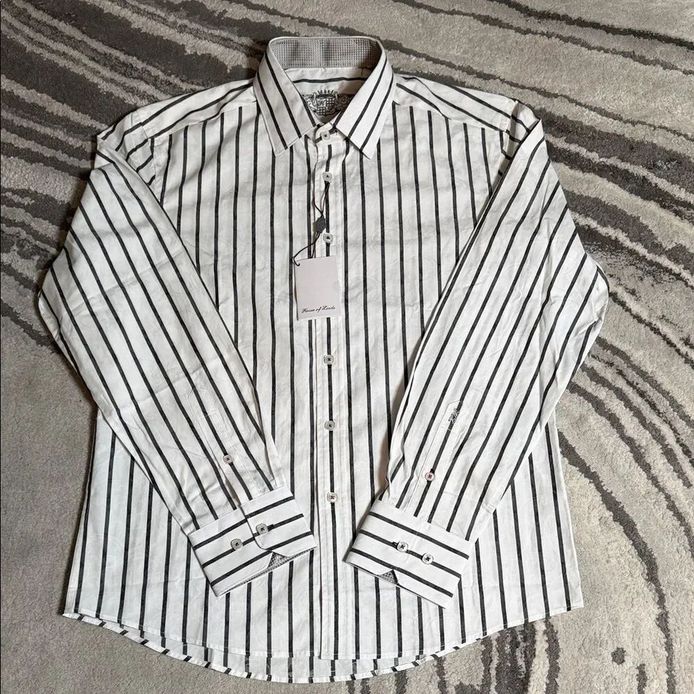House Of Lords Gray and White Striped Men's Button Up Shirt